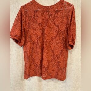Halogen orange lace blouse with cute bow on back and puff sleeves